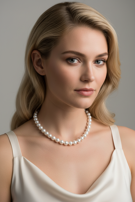 Closeup of model wearing 18 inch 8.5-9mm Hanadama Akoya Pearl Necklace
