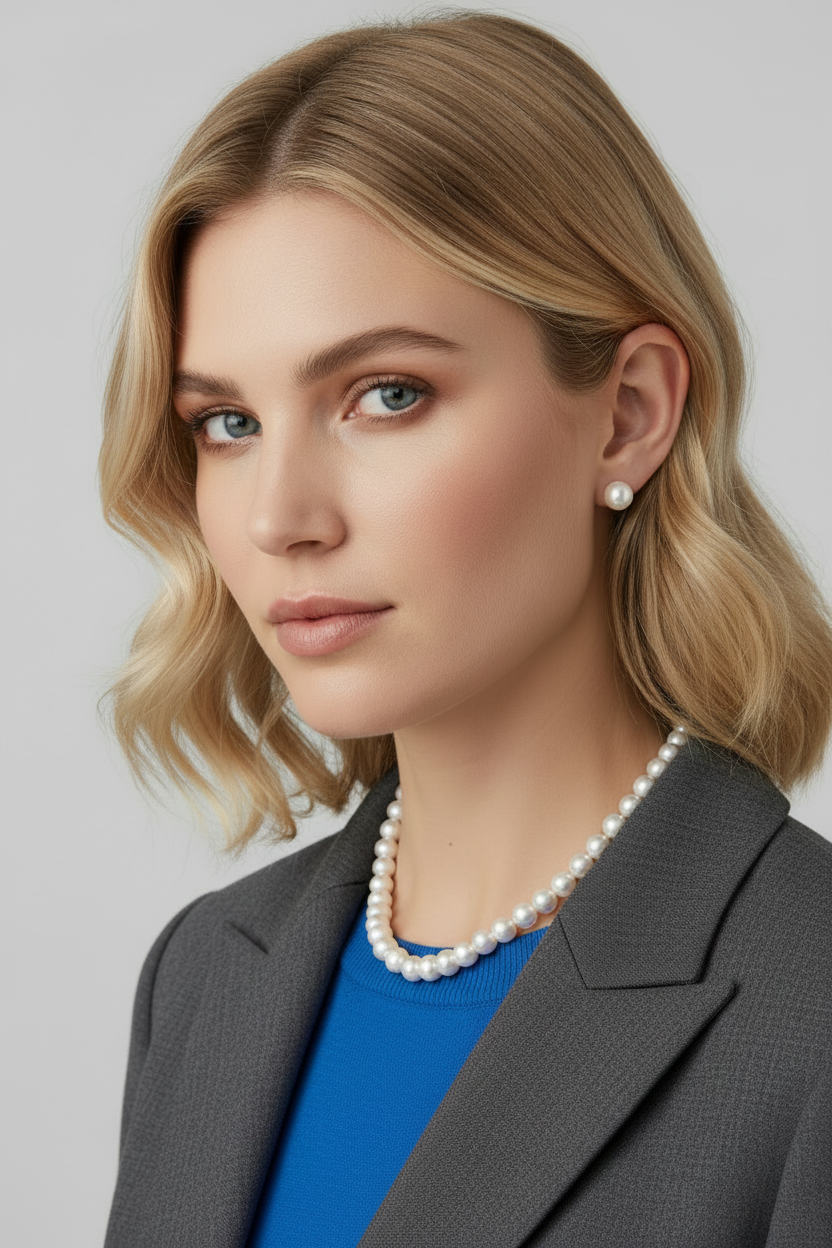 Woman wearing a gray blazer and pearl necklace with matching stud earrings.