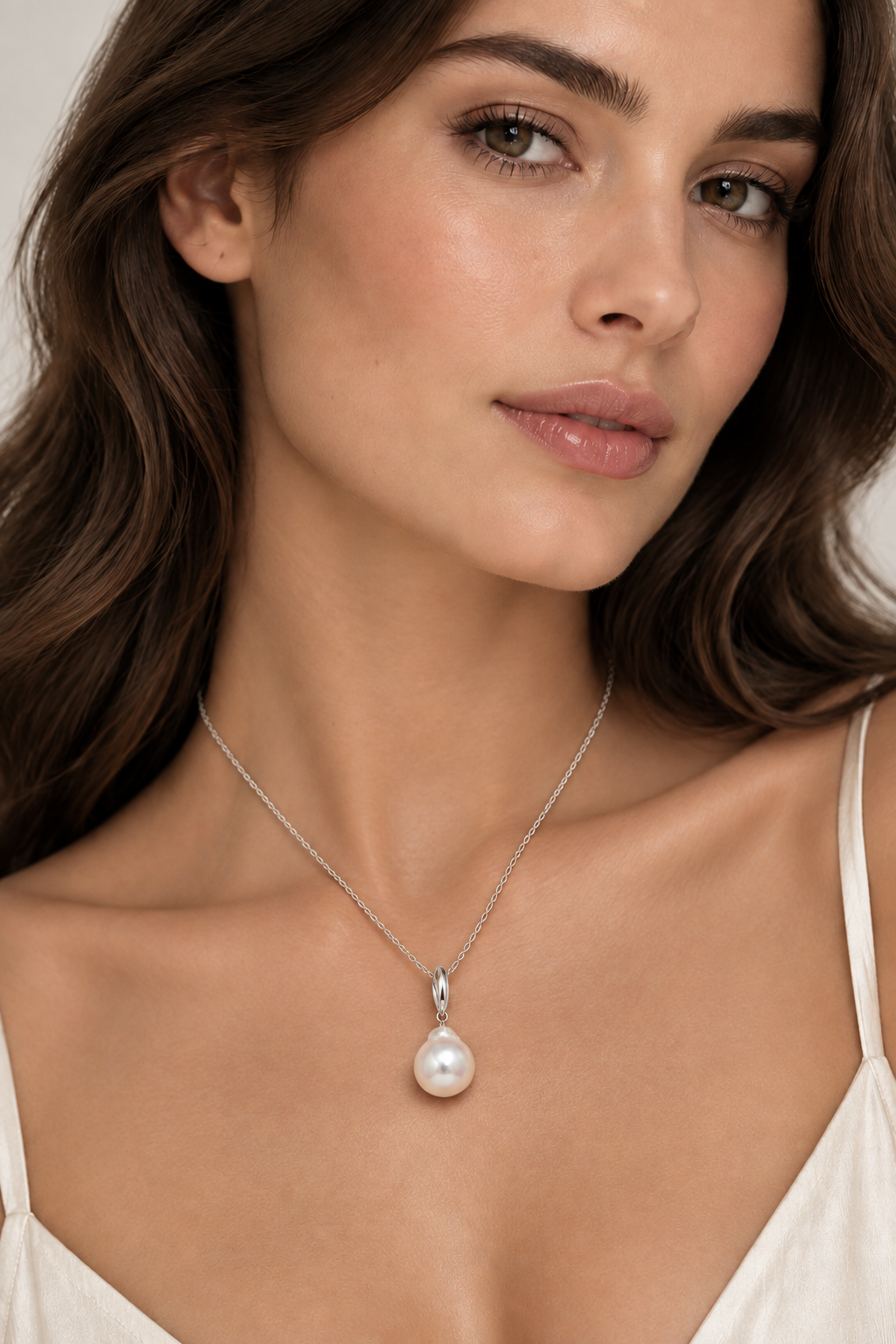 A close-up of a brunette woman wearing a white gold chain with a single white baroque south sea pearl enhancer pendant, styled with a cream-colored camisole top.