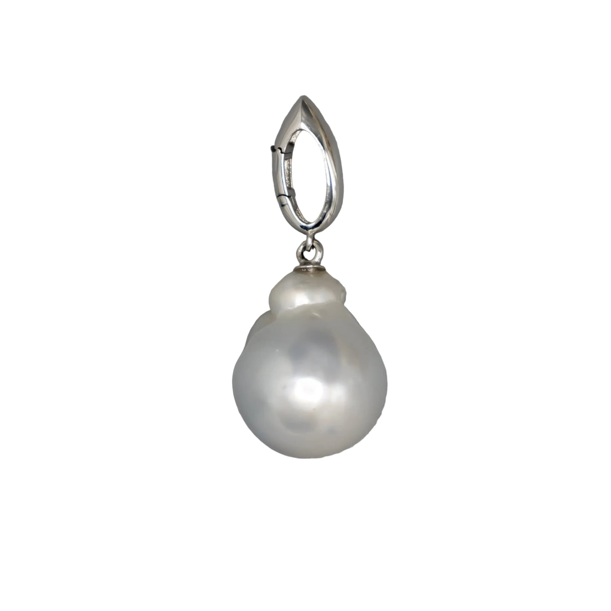 A single baroque pearl enhancer pendant in a silver clasp, shown against a white background--left side view.