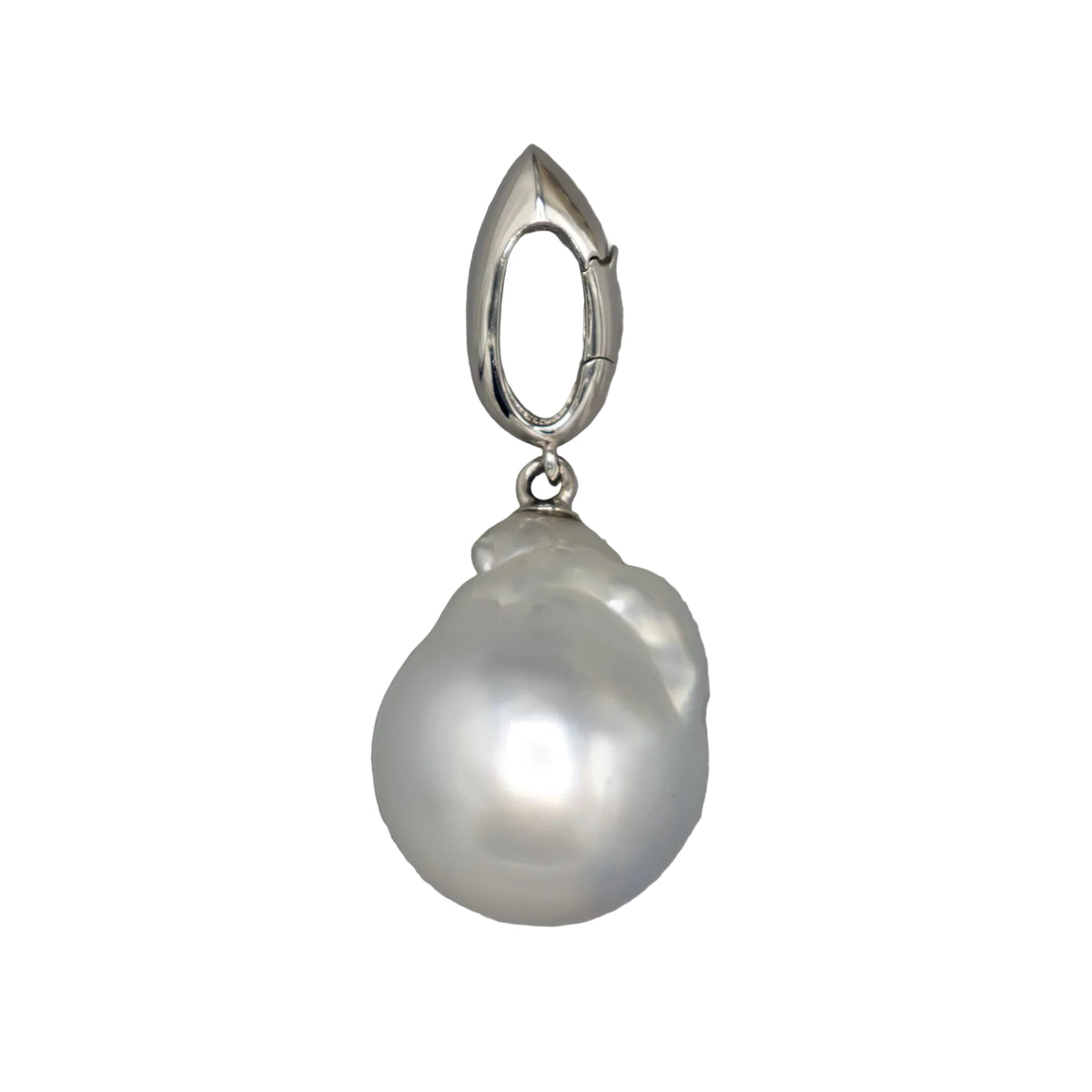 A single baroque pearl enhancer pendant in a silver clasp, shown against a white background--right side view.