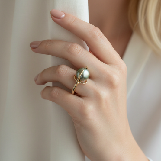 Tahitian Pearl Ring 14K Yellow Gold – 12.5mm Saltwater Pearl, Size 7, on blonde model