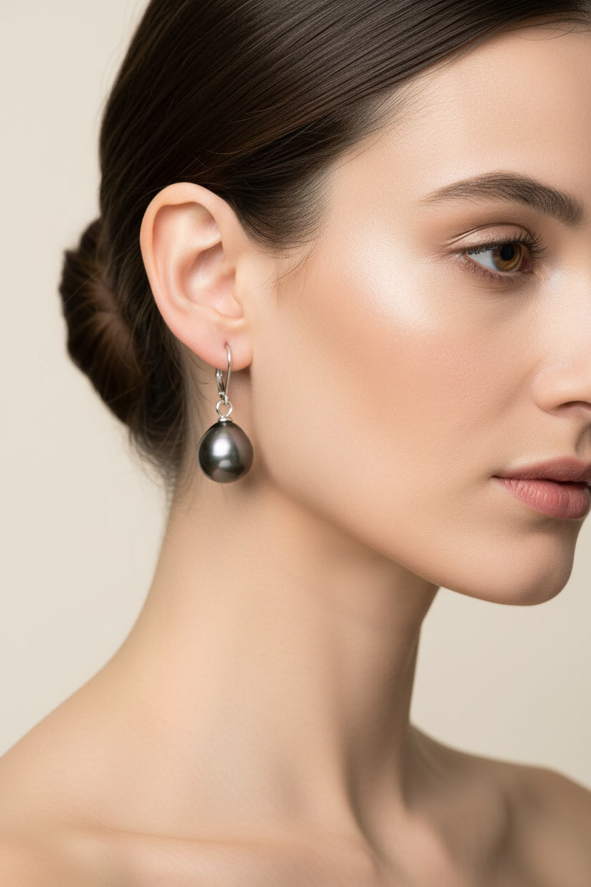 Tahitian pearl teardrop earrings in 14K white gold with secure lever back closures on brunette model