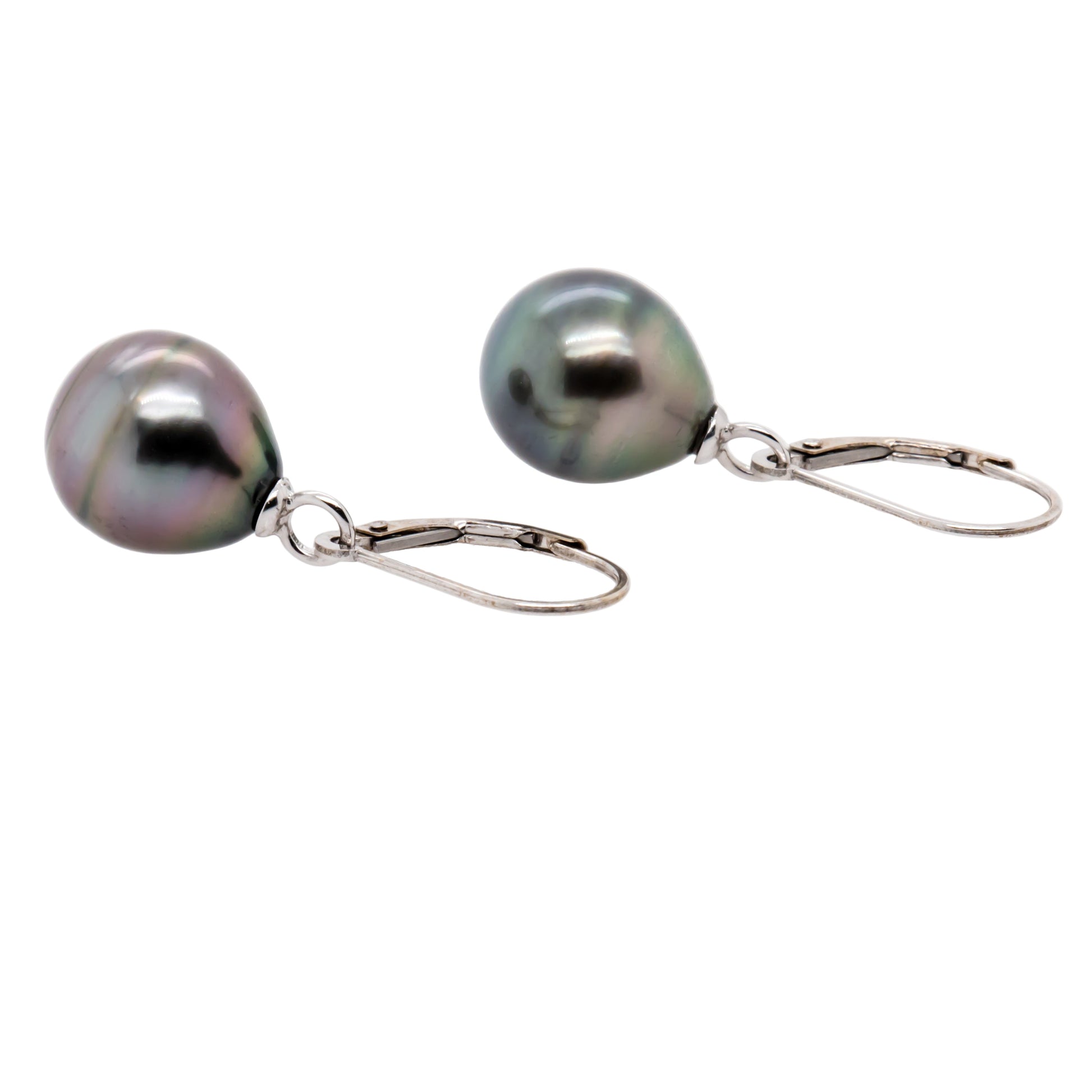Tahitian pearl teardrop earrings in 14K white gold with secure lever back closures