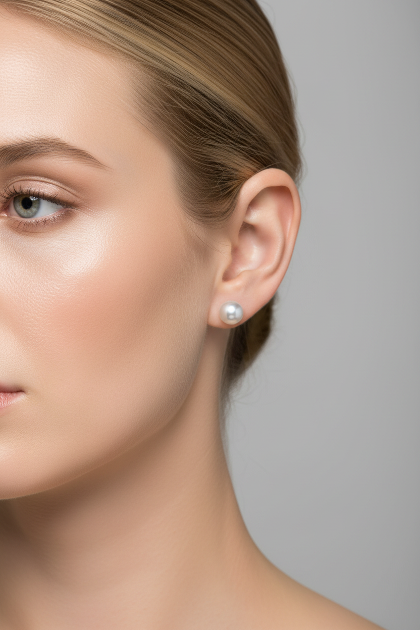 Close-up of a blonde model wearing a white pearl earring