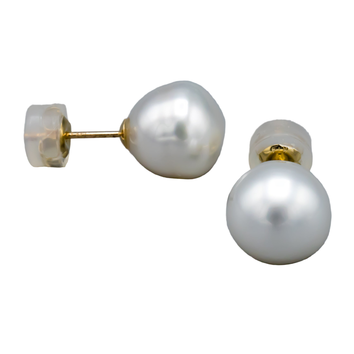 Baroque white South Sea pearl studs showing natural luster and organic shape