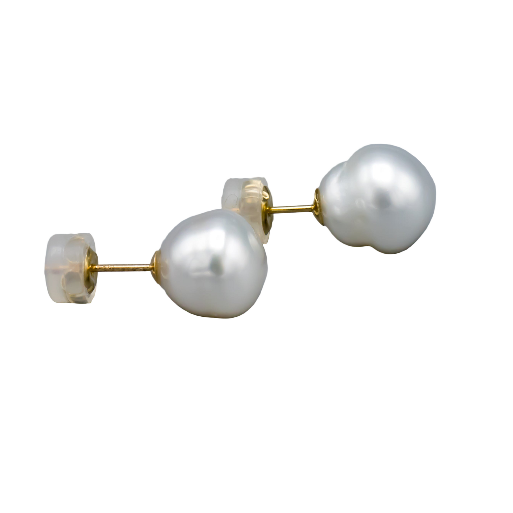Close-up of 9.5-10mm white South Sea pearl earrings with gold posts