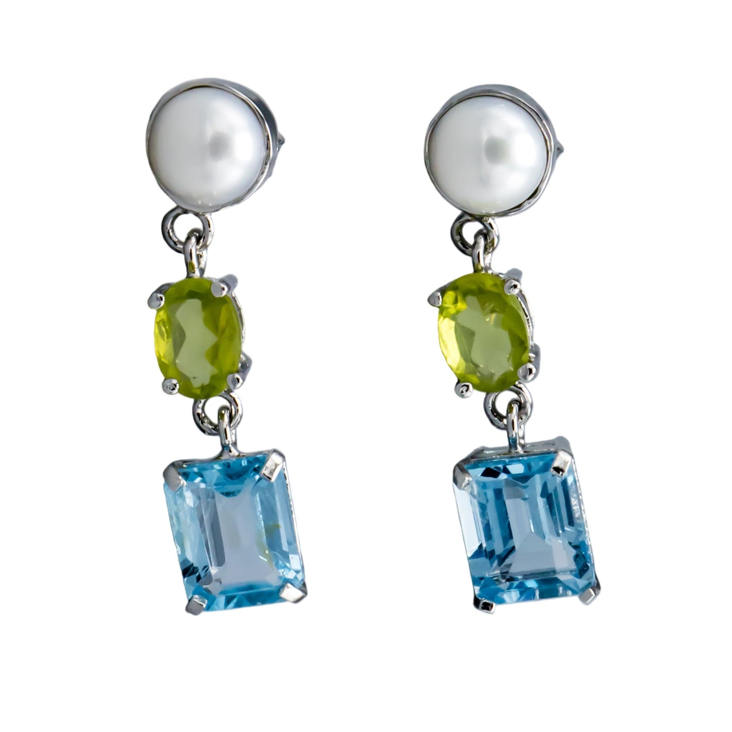 White pearl dangle earrings with amethyst topaz peridot gemstones sterling silver posts