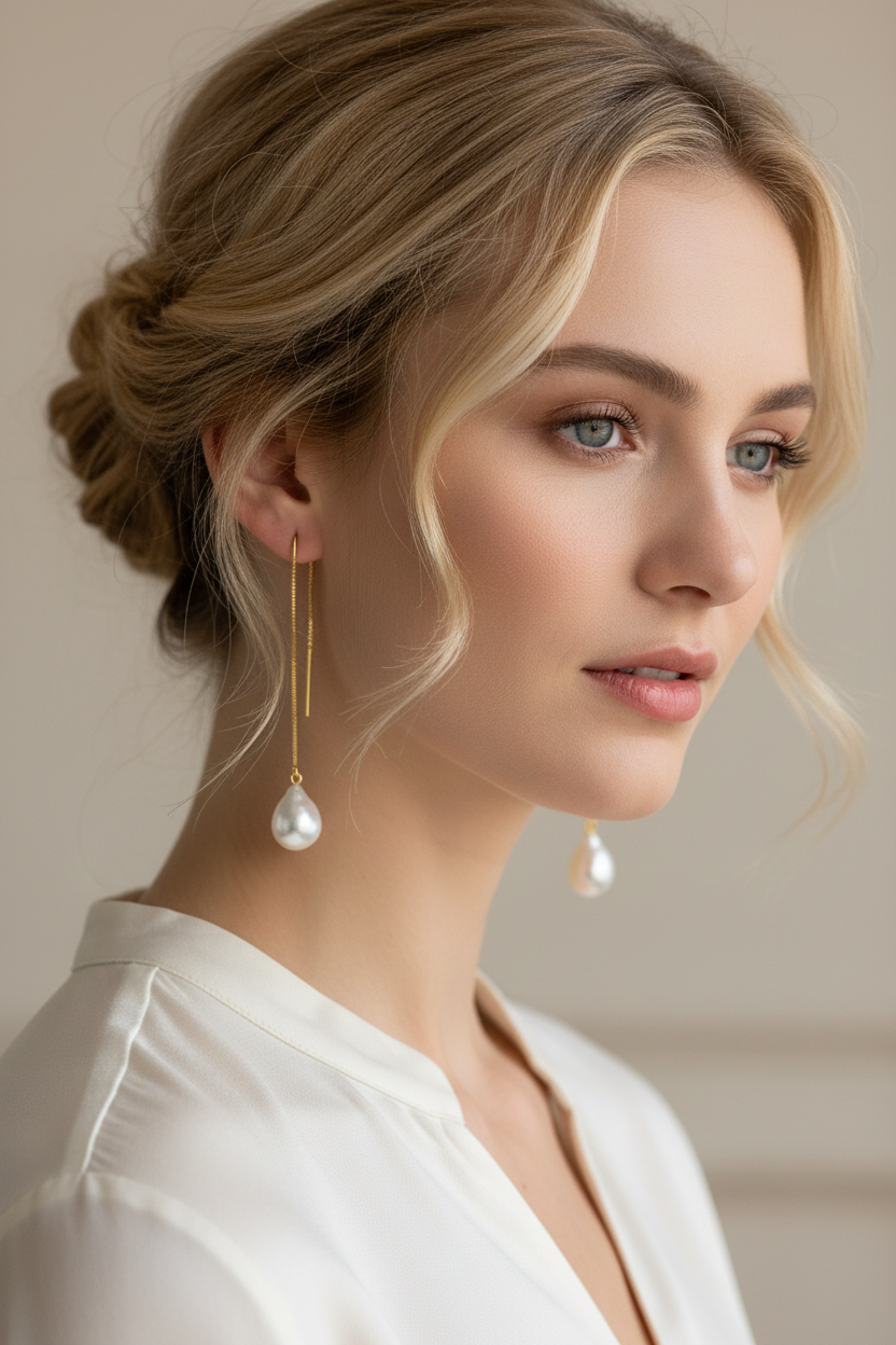 Model wearing baroque 9-9.5mm South Sea pearl threader earrings in 14K yellow gold