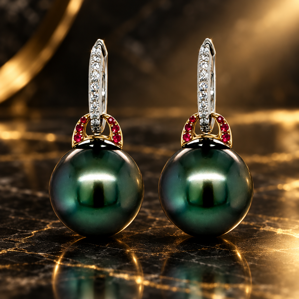 Tahitian pearl hoop earrings with ruby and diamond accents in 18K gold on a stone background