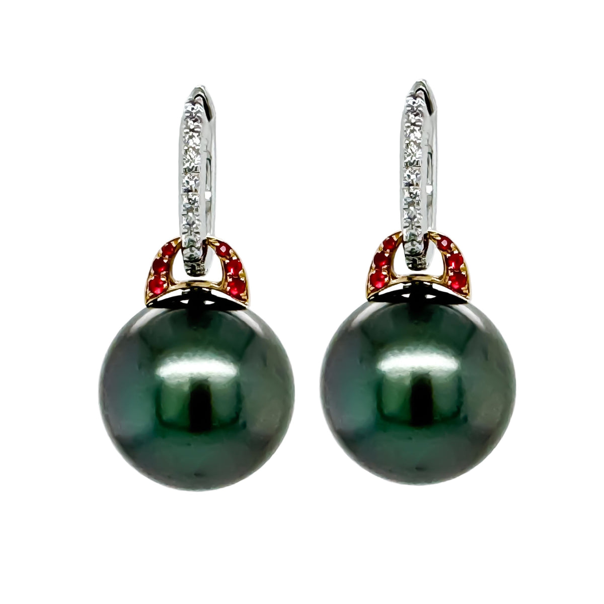 Tahitian pearl hoop earrings with ruby and diamond accents in 18K gold