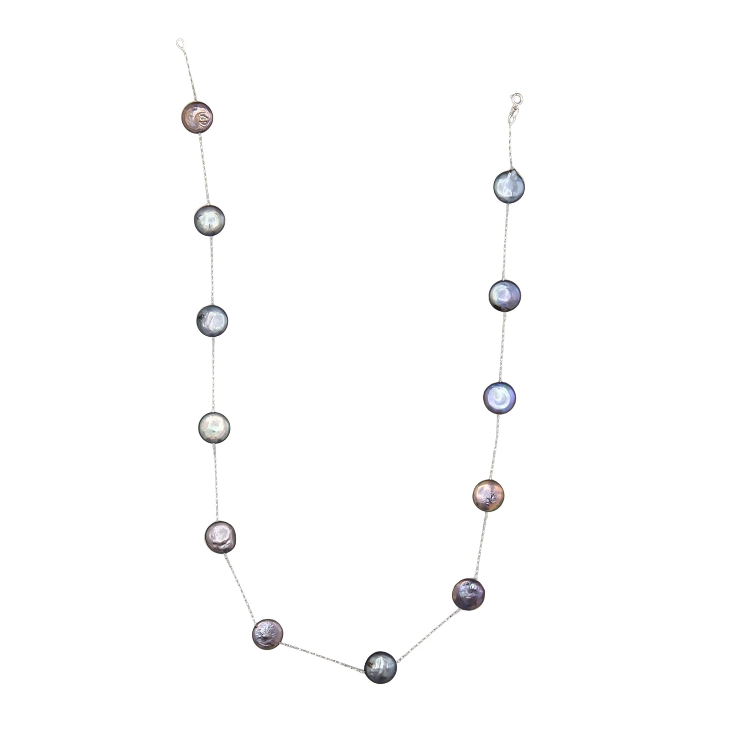 Black coin freshwater pearl necklace 18 inch 14K white gold chain