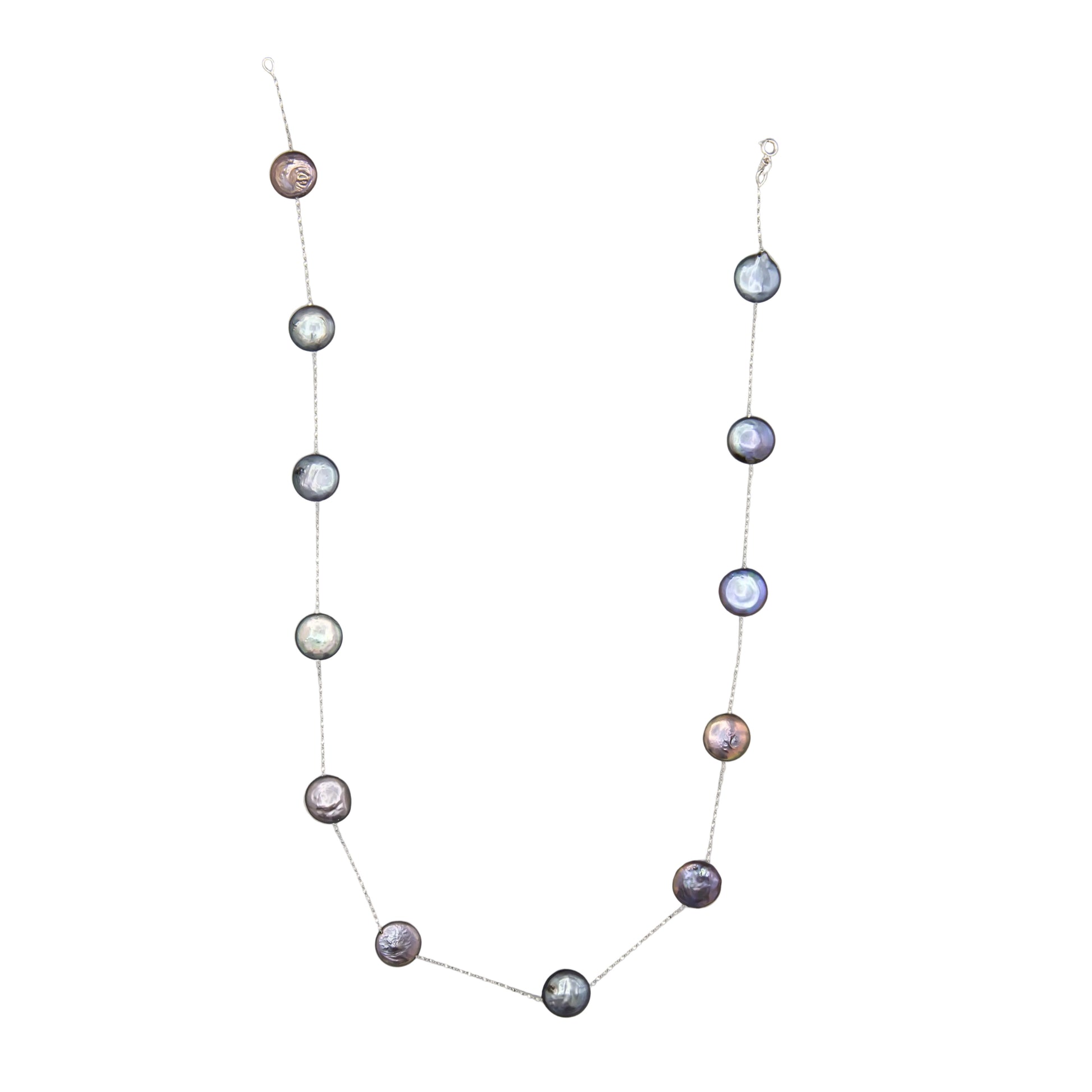 Black coin freshwater pearl necklace 18 inch 14K white gold chain