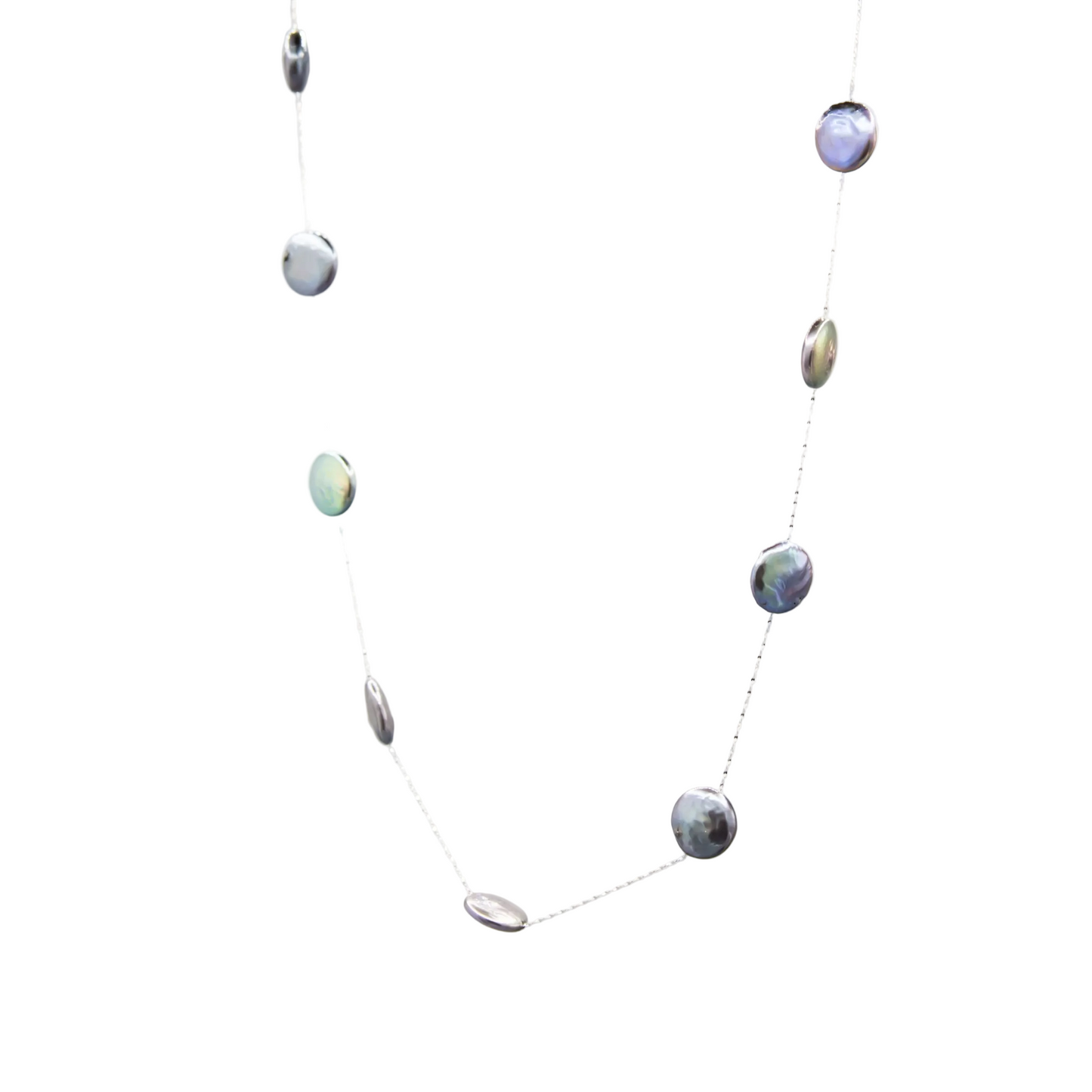 Black coin cultured pearl necklace detail, lustrous dark pearls on white gold