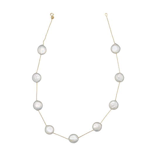 White coin freshwater pearl necklace 16 inch 14K yellow gold chain – Holly Zhang