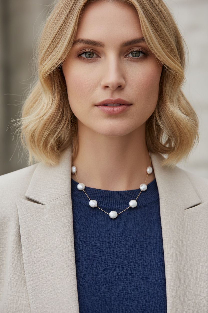 White coin pearl necklace model shot – flat disc pearls on 14K gold chain