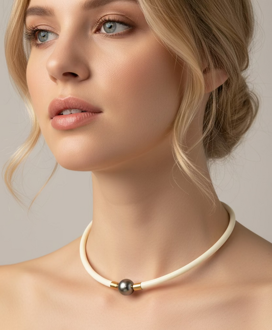 Model wearing 11.5mm Tahitian pearl choker necklace on white rubber cord with 14K gold clasp