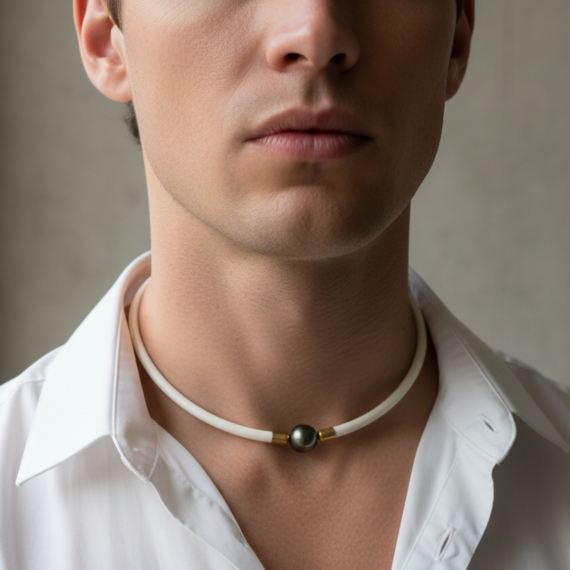 Model wearing 11.5mm Tahitian pearl choker necklace on white rubber cord with 14K gold clasp