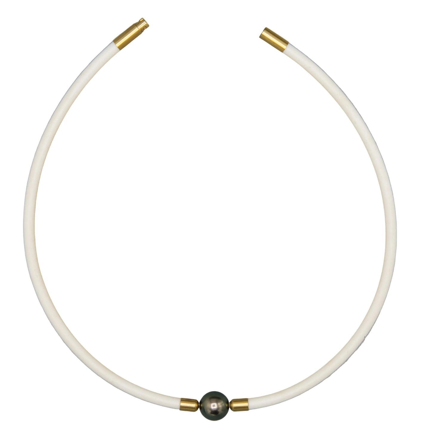 11.5mm Tahitian pearl choker necklace on white rubber cord with 14K gold clasp - top view