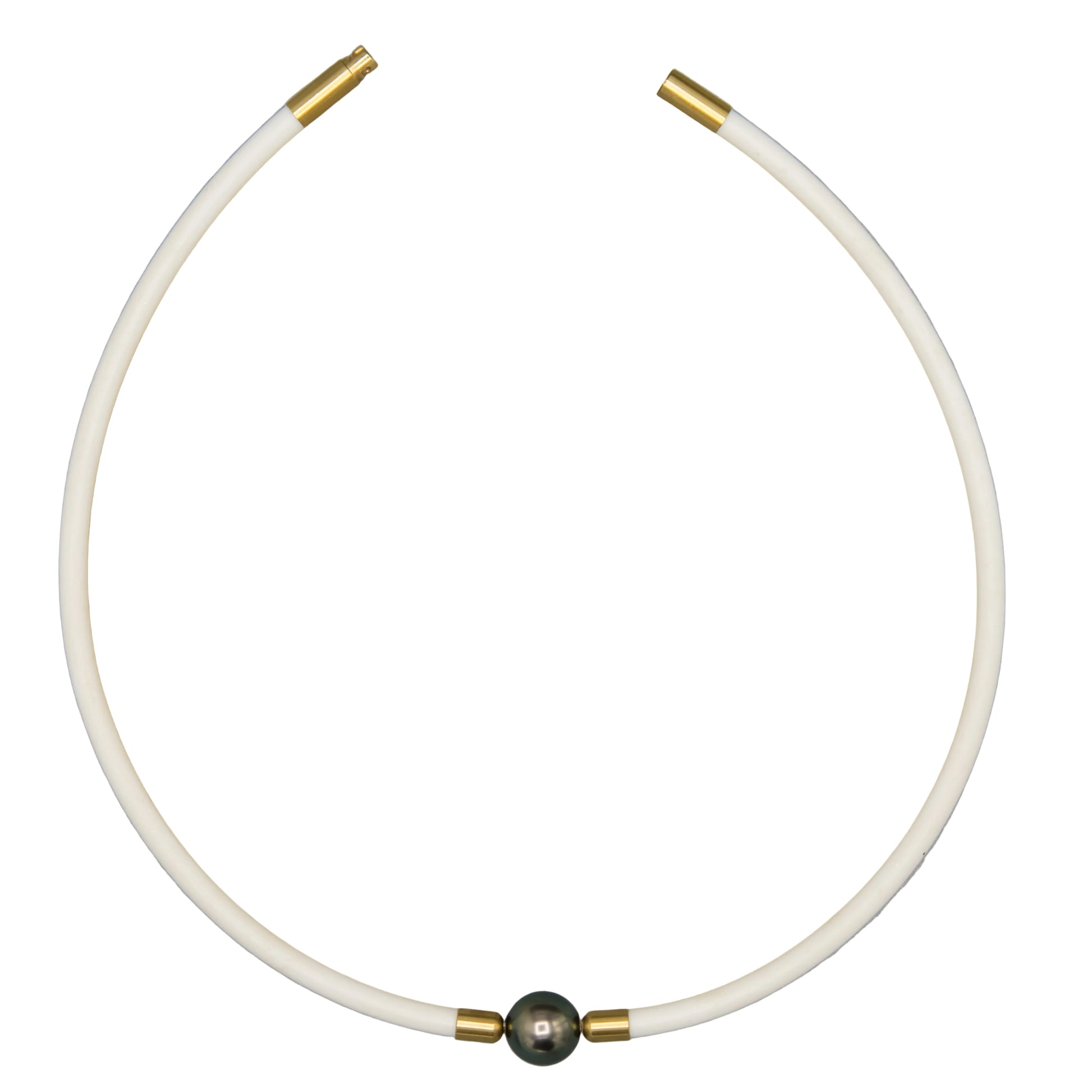 11.5mm Tahitian pearl choker necklace on white rubber cord with 14K gold clasp - top view