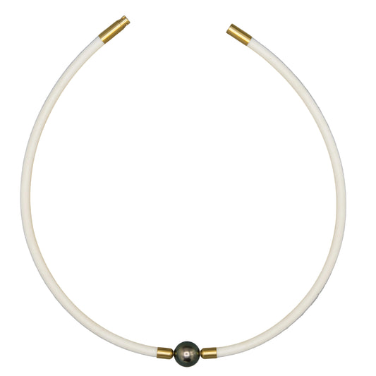 11.5mm Tahitian pearl choker necklace on white rubber cord with 14K gold clasp - top view