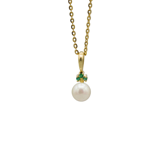 Akoya pearl and emerald pendant necklace, 18-inch 14K gold chain, front