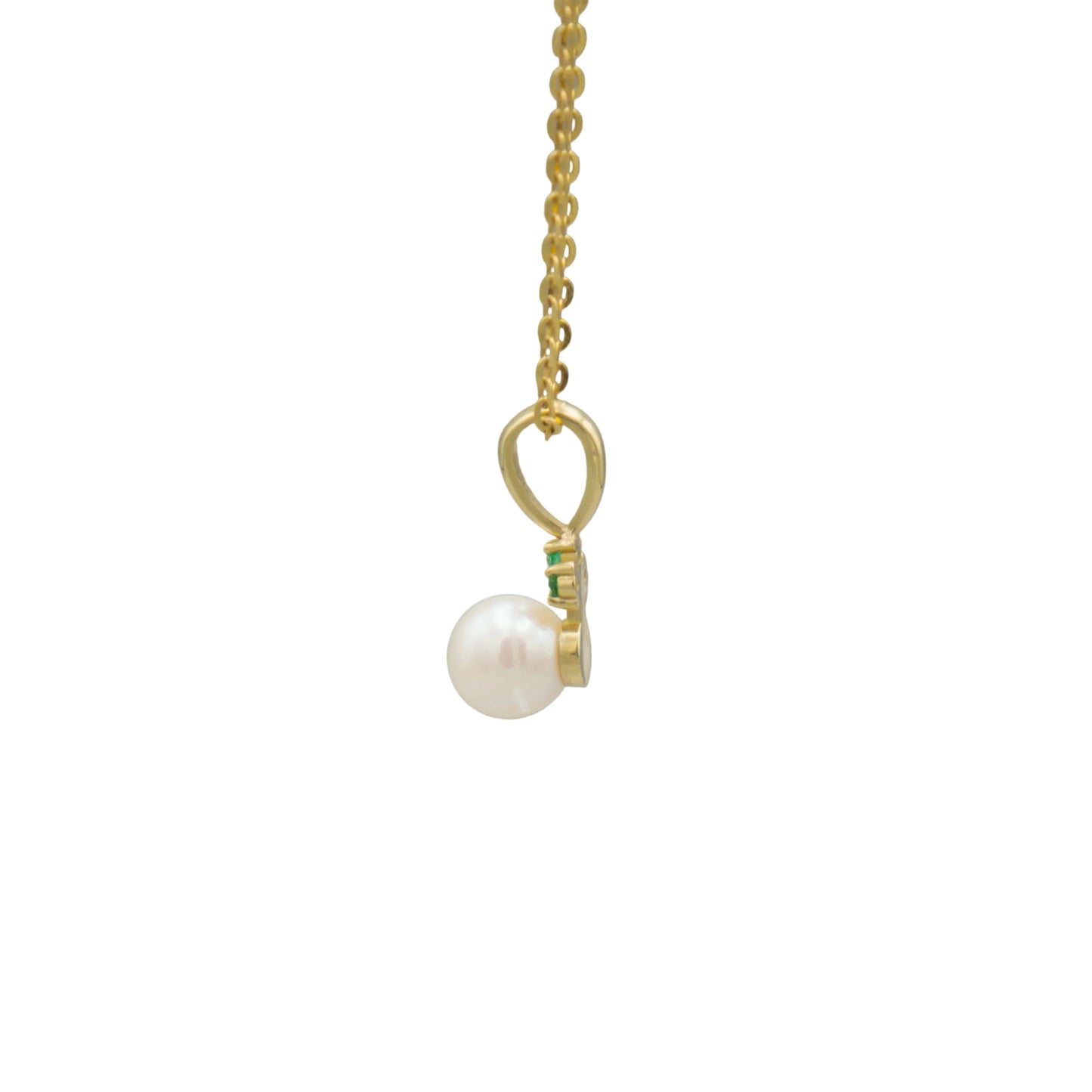 Akoya pearl and emerald pendant necklace, 18-inch 14K gold chain, side