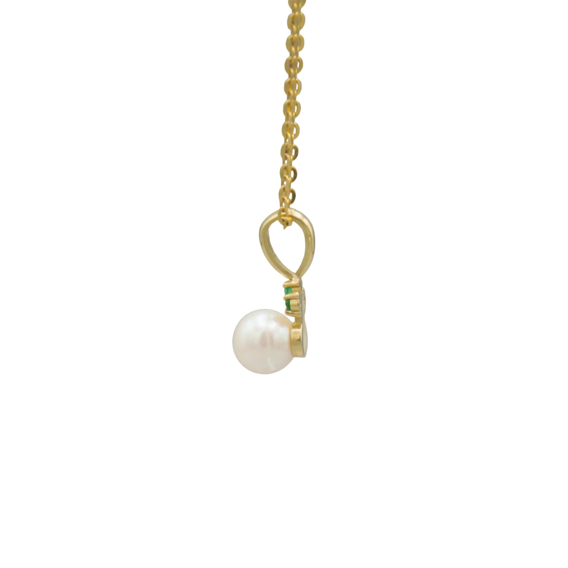 Akoya pearl and emerald pendant necklace, 18-inch 14K gold chain, side
