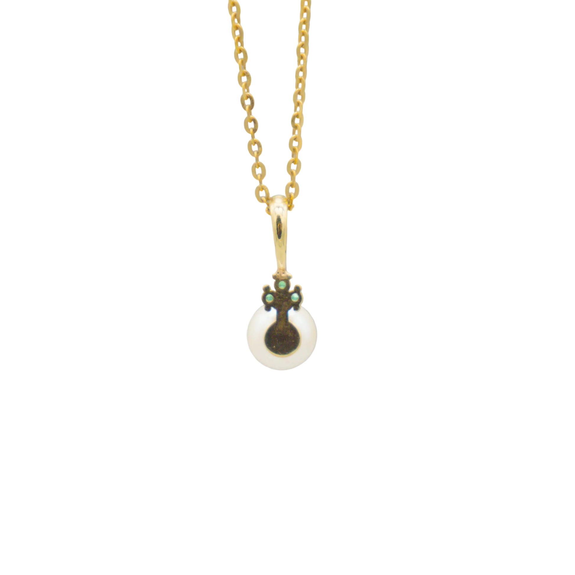 Akoya pearl and emerald pendant necklace, 18-inch 14K gold chain, rear