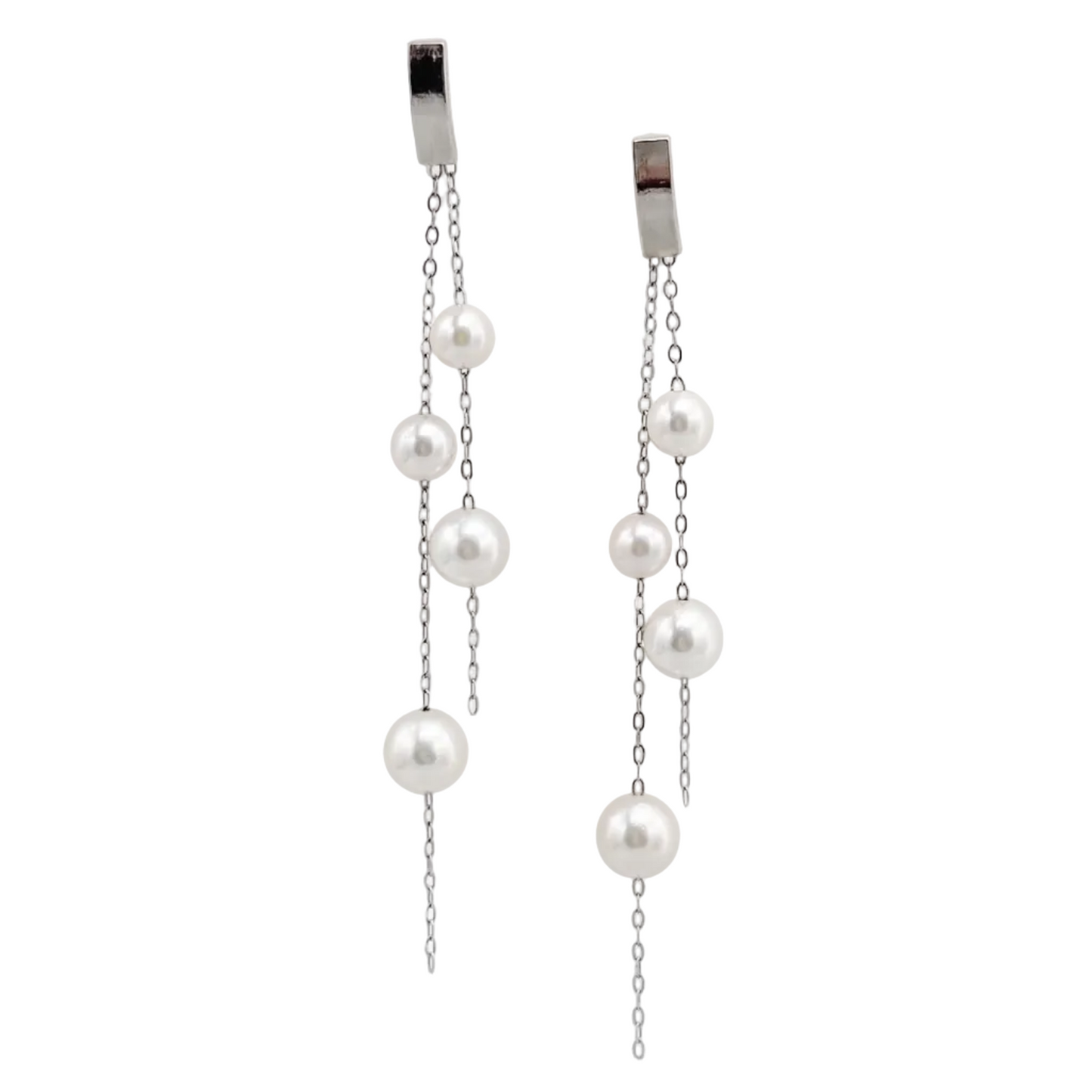 Akoya pearl double dangle earrings in 14K white gold, front view