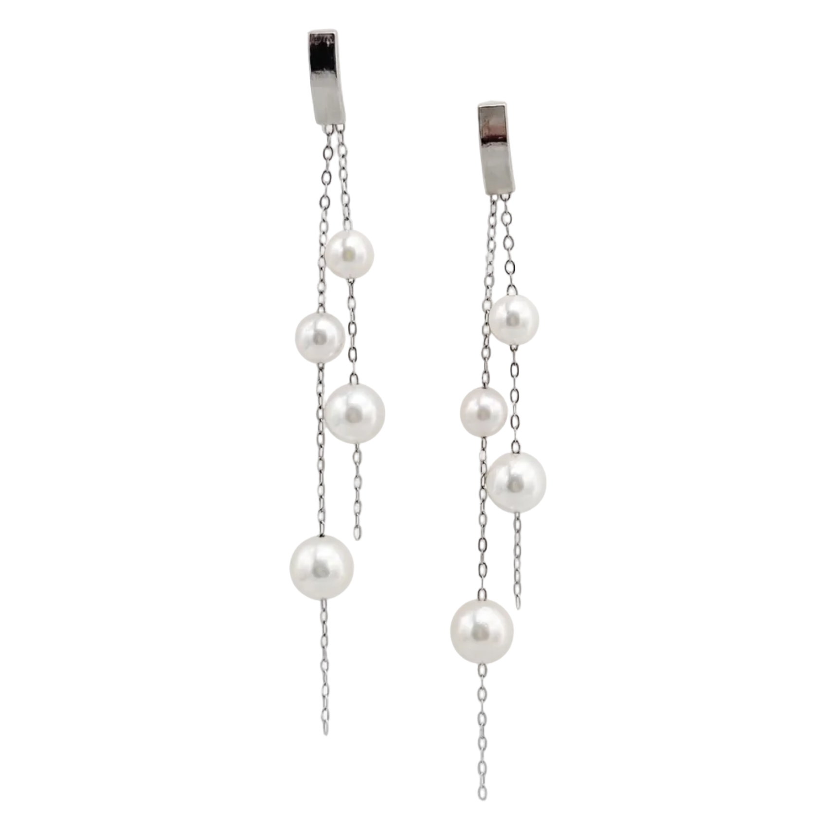 Akoya pearl double dangle earrings in 14K white gold, front view