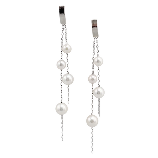 Akoya pearl double dangle earrings in 14K white gold, front view
