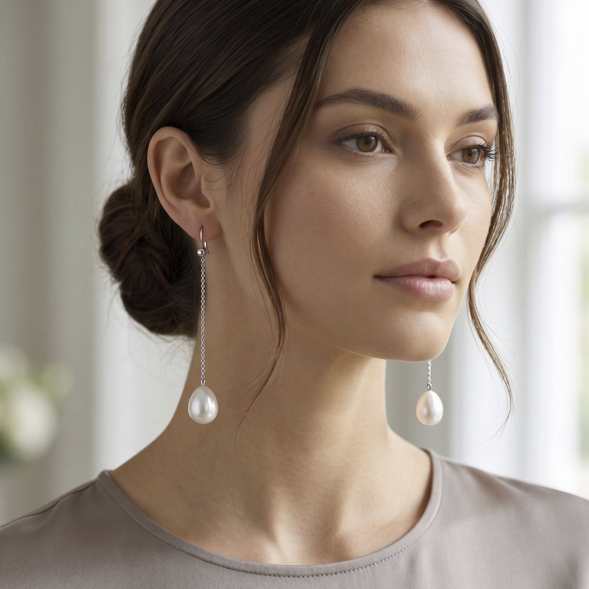 Model wearing 10mm Freshwater Pearl Drop Earrings Sterling Silver – Holly Zhang Pearl Gallery