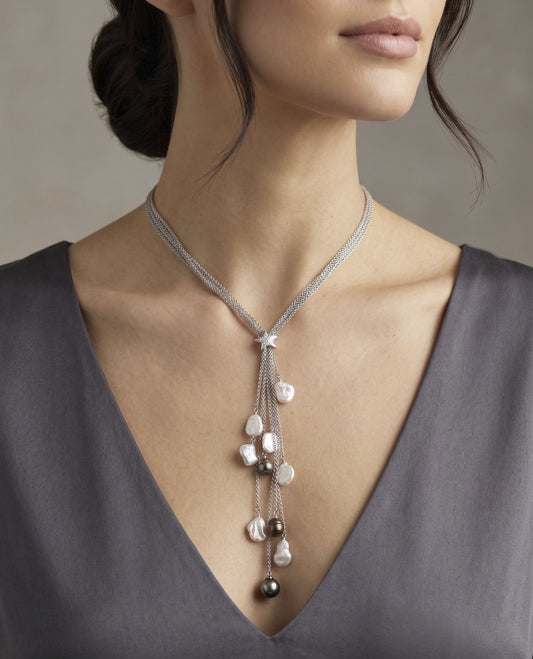 Tahitian & Keshi Pearl Sterling Silver Necklace 18 inch worn on model