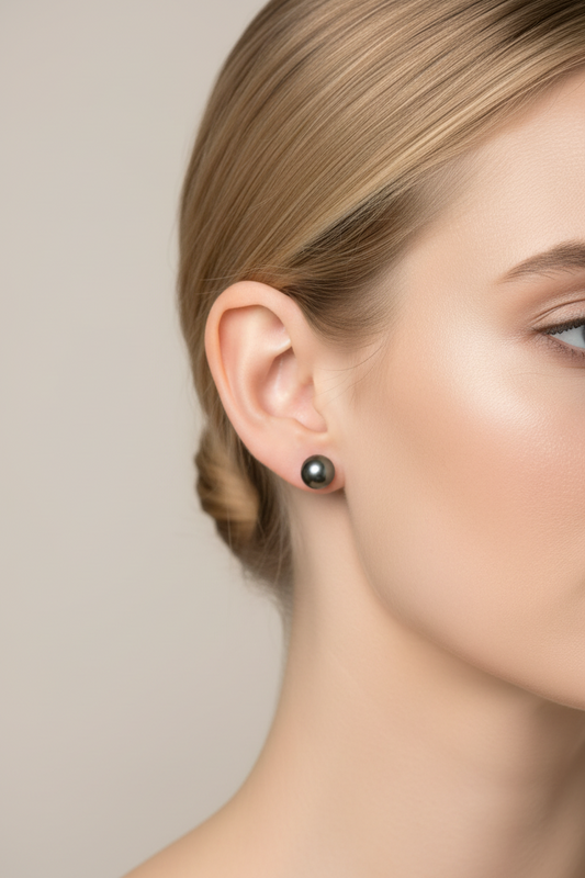 7.7mm Tahitian Pearl Stud Earrings in 14K Yellow Gold worn by model – lifestyle