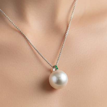 South Sea Pearl Emerald 18K White Gold Necklace Styled on Model – Holly Zhang