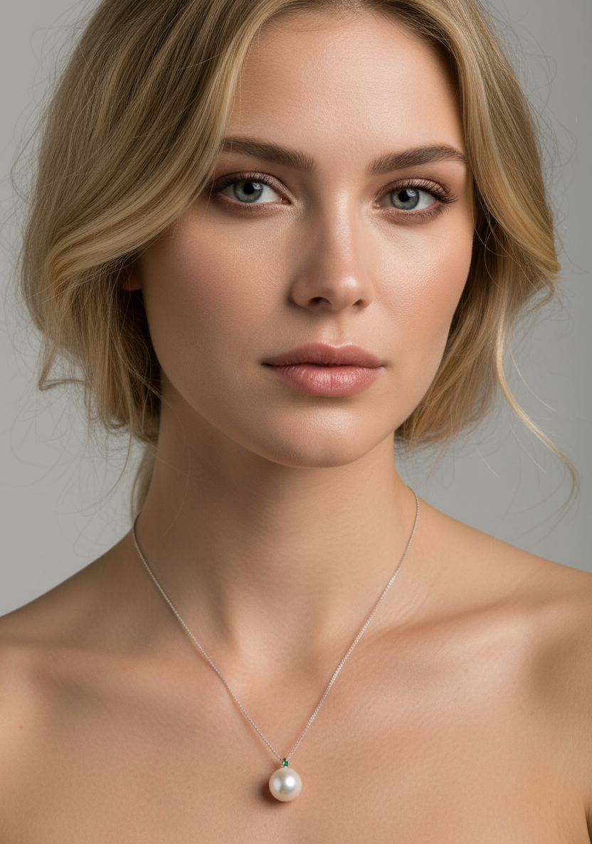 Australian South Sea Pearl & Emerald Pendant Necklace on Model – Holly Zhang