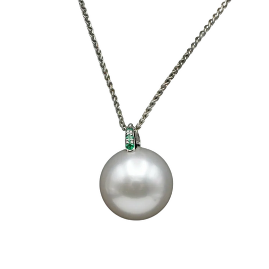 12.2mm Australian South Sea Pearl Emerald Necklace 18K White Gold – Holly Zhang