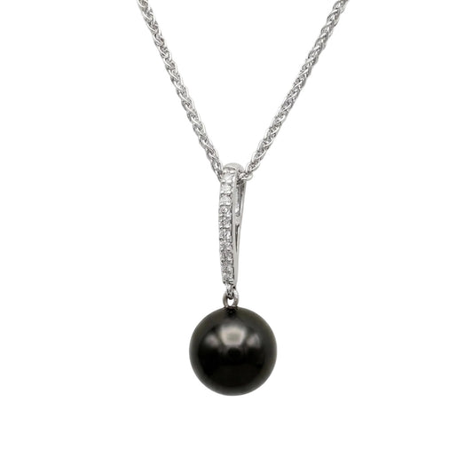 Tahitian Pearl Necklace 7.8mm 14K White Gold Diamond Accent 18 Inch Chain