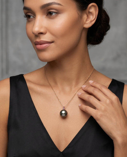 Tahitian Pearl Necklace worn on model, 18K yellow gold cable chain with ruby accent