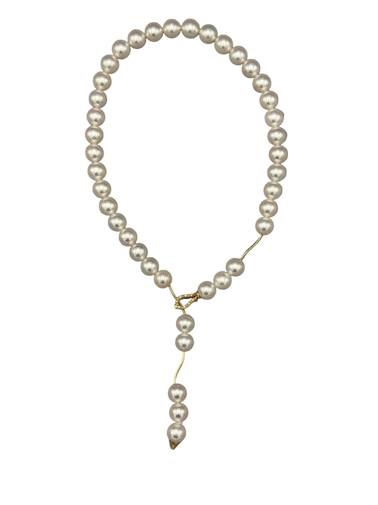 Japanese Akoya Pearl Lariat Necklace 10-10.2mm 14K Gold Diamond Clasp, white background