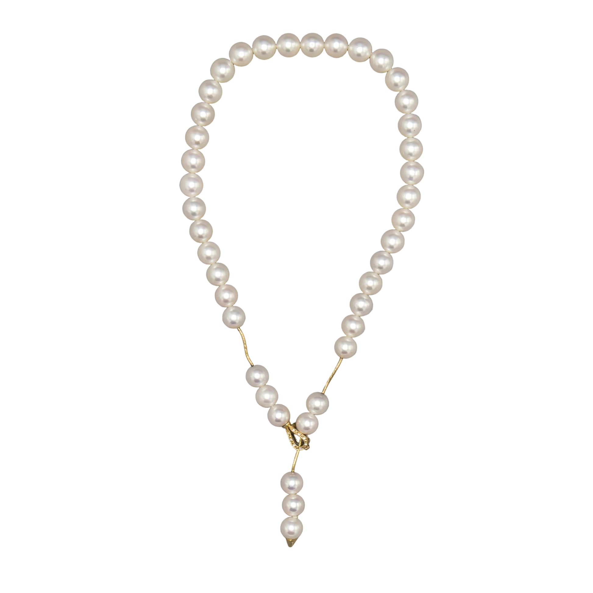 Holly Zhang Japanese Akoya saltwater cultured pearl lariat necklace displayed flat showing full length with pearl drop and 14K yellow gold diamond clasp.