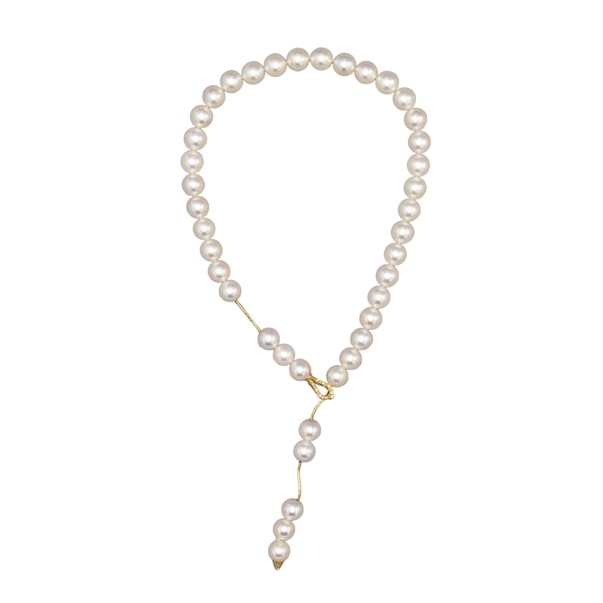 Holly Zhang Japanese Akoya saltwater cultured pearl lariat necklace styled as a loop with a cascading pearl drop and 14K yellow gold diamond clasp.