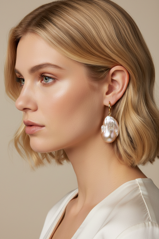 Model wearing peach baroque freshwater pearl earrings in 14K yellow gold