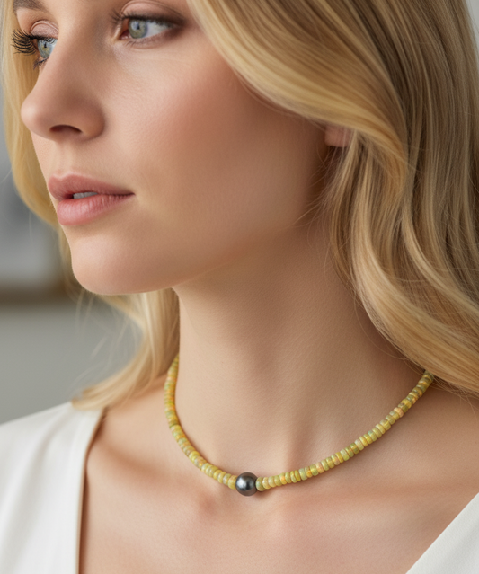 Model wearing Tahitian pearl African opal necklace, 16-inch sterling silver