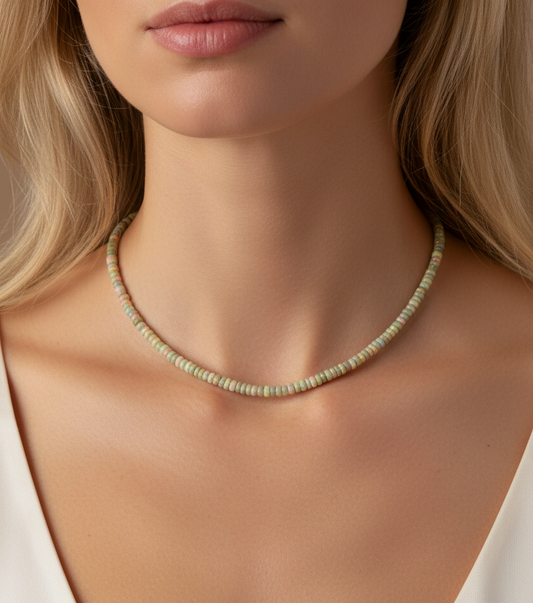 African opal beaded necklace worn on model, 17 inch sterling silver clasp