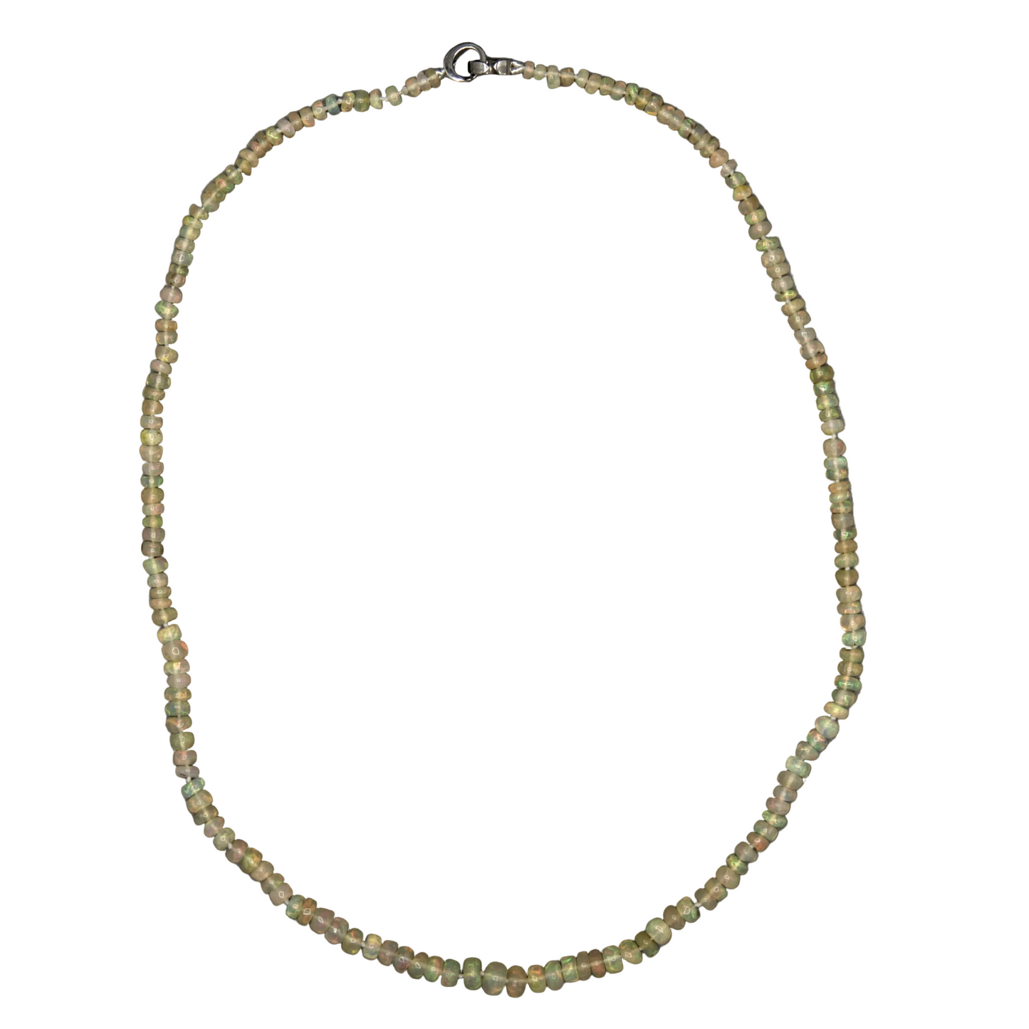 African opal beaded necklace with sterling silver clasp, 17 inch, white background