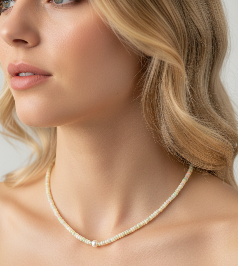 Model wearing African Opal & Akoya Pearl Necklace 20-inch, 5.5mm white Akoya pearl