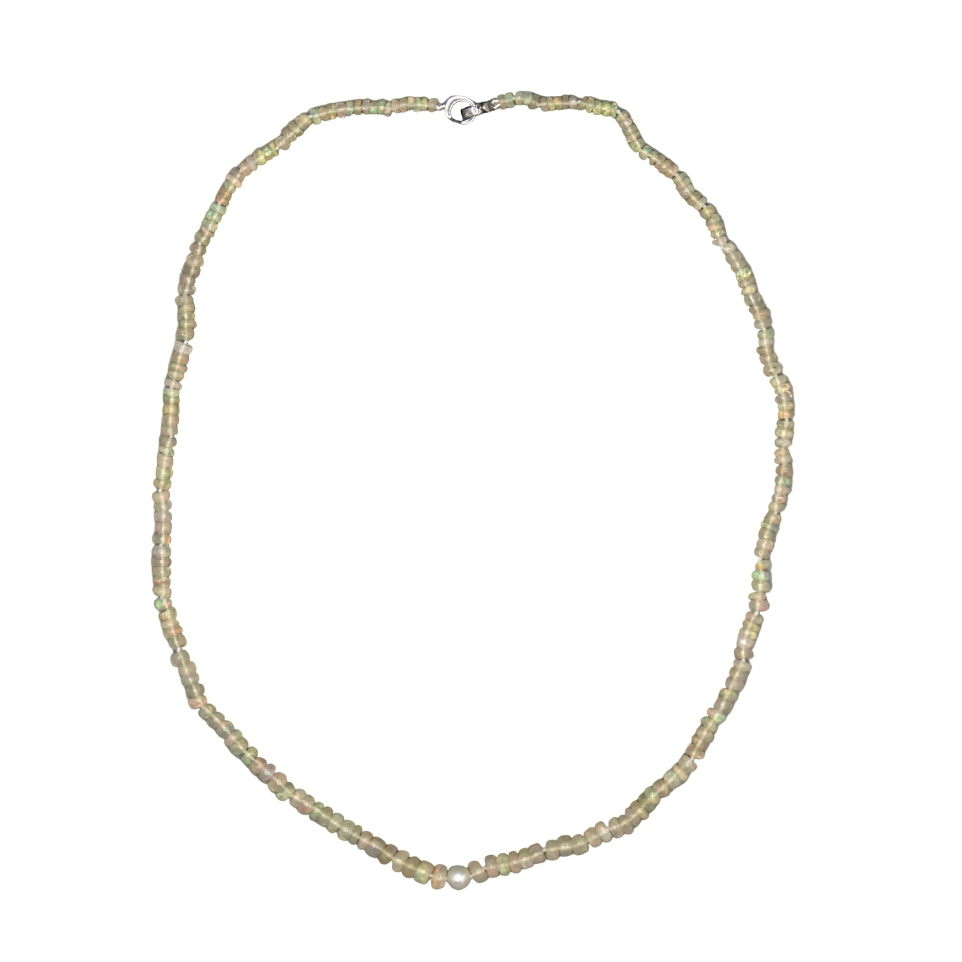 African Opal & Akoya Pearl Necklace 20-inch with sterling silver clasp, white pearl