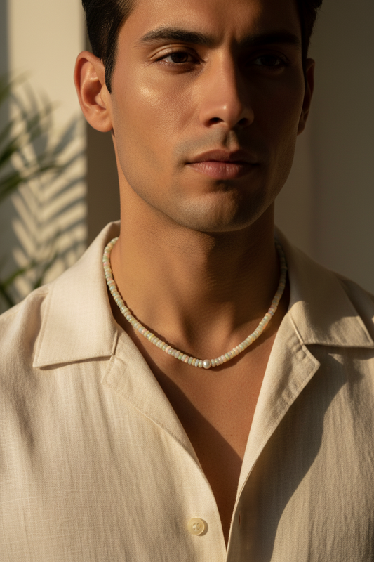 Model wearing African Opal & Akoya Pearl Necklace 20-inch, 5.5mm white Akoya pearl
